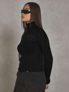 MUSERA 撞色罗纹标语高领拉链开衫，酷女孩、街头风、日常、冬季、学院风、1997年晚宴派对优雅春季款 - 黑色 - 查看 3