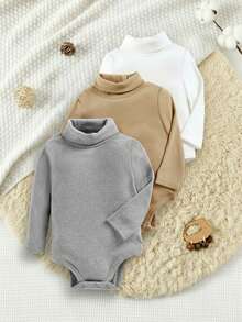 SHEIN 3件套新生儿男女宝宝加厚保暖纯色高领长袖连体衣裤套装，舒适百搭，时尚休闲，适合室内、室外、日常穿着、运动、玩耍、派对、摄影、节日、万圣节等秋冬季场合。 - 彩色 - 查看 5