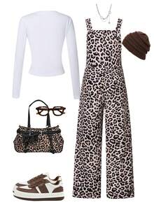 SHEIN 2pcs/Set Casual Versatile Leopard Print Bib Pants & Long White T-Shirt Set For Tween GirlsWith Pocket On Chest And Two Pockets On Pants, Suitable For Autumn/Winter Outings, Travel, Shopping, Walking - Multicolor - View 2