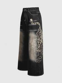 ROMWE Street Life 休闲男女通用新款中国风虎纹水洗女式牛仔裤 - 黑色 - 查看 6