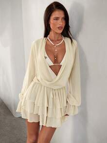 Aloruh 女士杏色优雅浪漫性感迷人时尚约会外出度假露背系带深V领镂空袖层叠荷叶边网纱迷你连衣裙，春夏款 - 杏色 - 查看 7