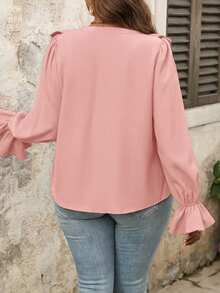 SHEIN VCAY Plus Size Casual Solid Color Ruffle Trim Shirt - Pink - View 2