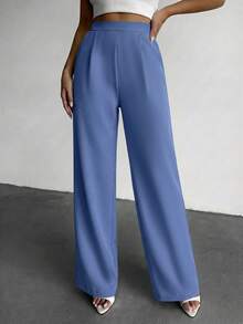 EURMUSE Fashionable & Versatile High Waist Wide Leg Solid Color Pants - Dusty Blue - View 3