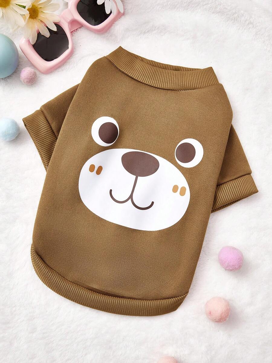 PETSIN 1 Piece Cute Bear Face Printed Sweatshirt In Earthy Yellow Autumn And Winter Warm And Skin Friendly Pet Clothing - Khaki - View 1