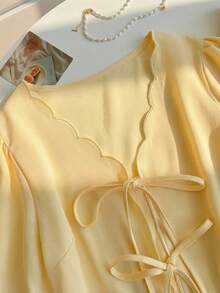 Jouncy 2件套女士度假纯色灯笼袖前系带衬衫和裤子套装 - 黃色 - 查看 7