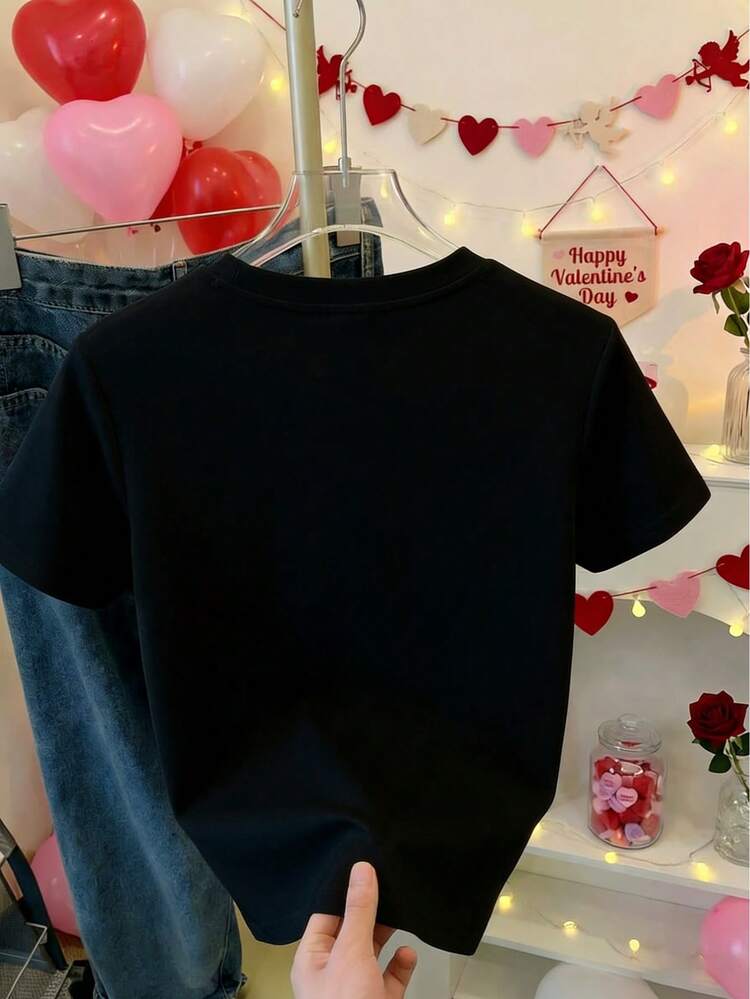 Camiseta de algodón para mujer con estampado de osos de peluche pareja y texto Be Mine para San Valentín - Negro - Añade 3