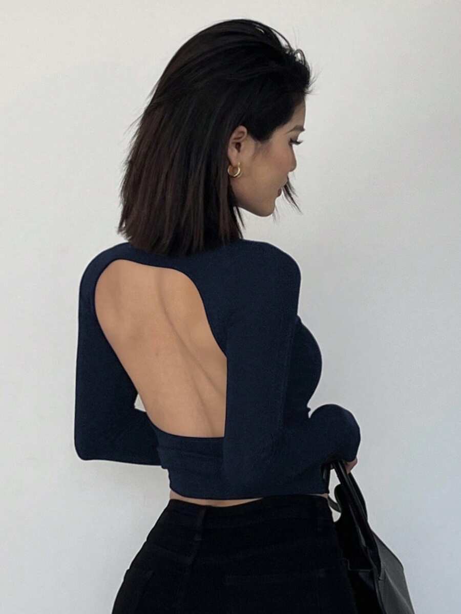 DAZY 女士露背紧身高领长袖T恤 Y2k - 藏蓝色 - 查看 1