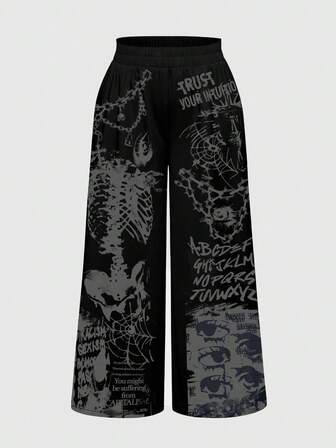 Grunge Punk Große Größen Gothic Punk Skelett Knochen Dunkel Horror Mysteriös Kette Spinnen Netz Muster Weite Hose