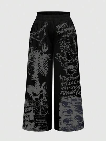 Grunge Punk Plus Size Gothic Punk Skeleton Bone Dark Horror Mysterious Chain Eye Spider Web Print Loose Wide Leg Pants