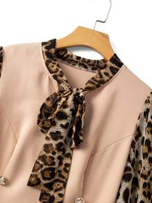 SHEIN Clasi Plus Size Solid Color Patchwork Chiffon Leopard Print Decorative Button Long Sleeve Elegant Business Casual Dress, Autumn/Winter - Multicolor - View 5