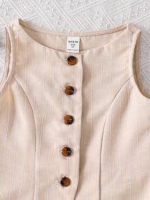 Kleine Mädchen Pendler Lässig Streifen Einfarbig Gewebtes ärmelloses Rundhalsausschnitt Top & Gerade Bein Hose Set, Französisch, Kinder Weite Bein Hose Anzug, Kleine Mädchen Hosenanzug, Kleine Mädchen Zwei Teile Hosen Set - Aprikosenfarben - Übersicht 5
