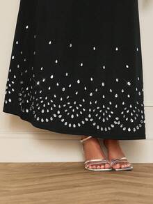 Lilora Women's Black Knitted Long Flared Skirt With Elegant Crystal Bead Geometric Detailing And Zipper - Black - View 2