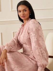 Lilora 女士纯色常规肩长袖优雅提花连衣裙，浪漫优雅，适合通勤，粉色提花长裙 - 藕粉色 - 查看 7