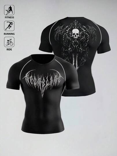 Manfinity Sport Polished Camiseta de manga corta de cuello redondo con estampado de calavera casual para hombre, adecuada para uso diario y deportivo, camiseta de compresión de protección solar para hombre, camiseta de compresión para gimnasio, camiseta de compresión con gráficos para hombre, camiseta de compresión para hombre