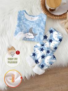 Bộ đồ ngủ 2 món cho bé gái dễ thương in hình mặt trăng và ngôi sao, lót nhiệt, co giãn, cổ cao tay dài và quần legging, mùa đông - Nhiều màu - Xem 1