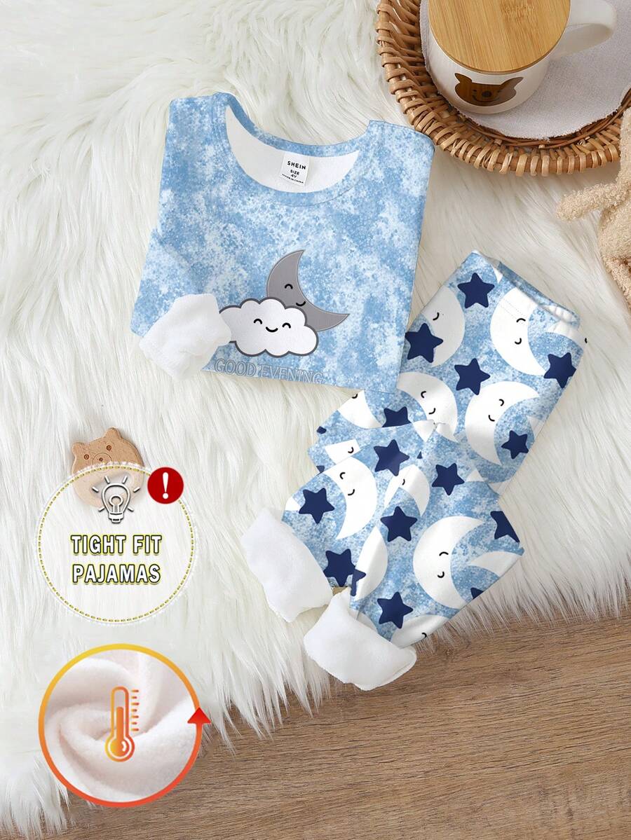 Bộ đồ ngủ 2 món cho bé gái dễ thương in hình mặt trăng và ngôi sao, lót nhiệt, co giãn, cổ cao tay dài và quần legging, mùa đông - Nhiều màu - Xem 1