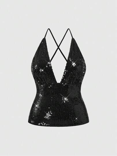 Grunge Punk 1 Stück Damen Camisole Top mit Pailletten Verzierung, schwarze ärmellose Weste mit Pailletten, Camisole und Weste in Große Größen