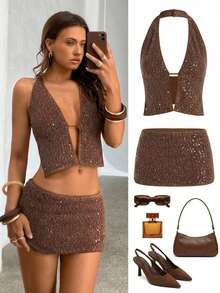 Aloruh Women's Sexy Glamorous Sequin Fabric Shiny Party Outfit, Halter Backless Top And Low Waist Mini Skirt 2-Piece Set Sequin Top Sequin Skirt Women Glitter Top Two Piece Set Women 2 Piece Sets For Women Women's Two Piece Sets Women's Crop Top Going Out Tops For Women - Apricot - View 2