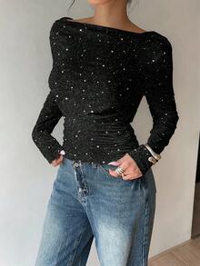 Siren Gaze Damen sexy, romantisch, elegant rückenfreies Pailletten glänzendes Langarm T-Shirt, geeignet für Pendeln, Partys, Jahrestreffen, Dates, Ausflüge, Kombinationen, schick, Neujahrsstimmung