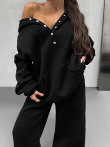 Women Hooded Snapped Detailed Sweatshirt And Wide Leg Loose Fit Sweatpant - Black - View 5