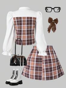 Teen Girls Plaid Collar Puff Sleeve Cardigan Top Paired With Elastic Waist Pleated Skirt, Preppy Style, Suitable For Spring, Autumn, Winter
