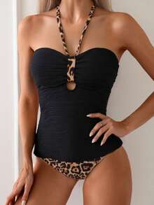 Swim Lushoire Women's Beach Vacation Textured Fabric Random Leopard Print Spaghetti Strap Camisole & Bikini Set - Multicolor - View 3