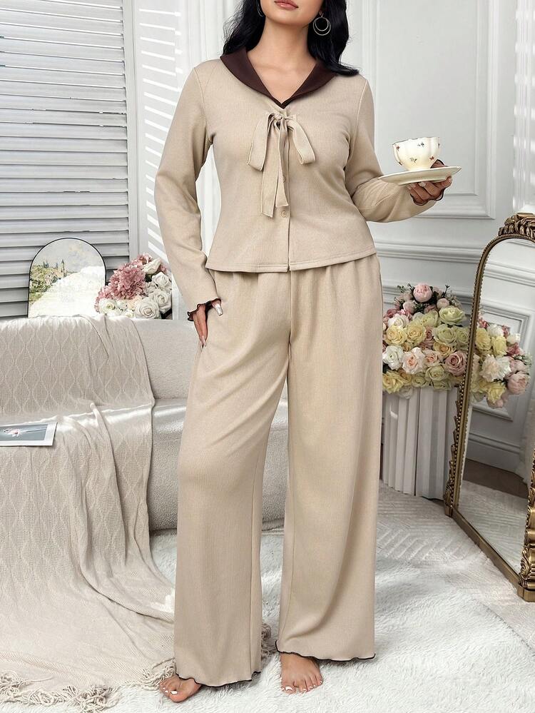 Dazy Plus Plus Size Women Casual Contrast Color Tie-Up Long Sleeve Top And Straight Leg Pants Pajama Set, Spring/Summer/Autumn