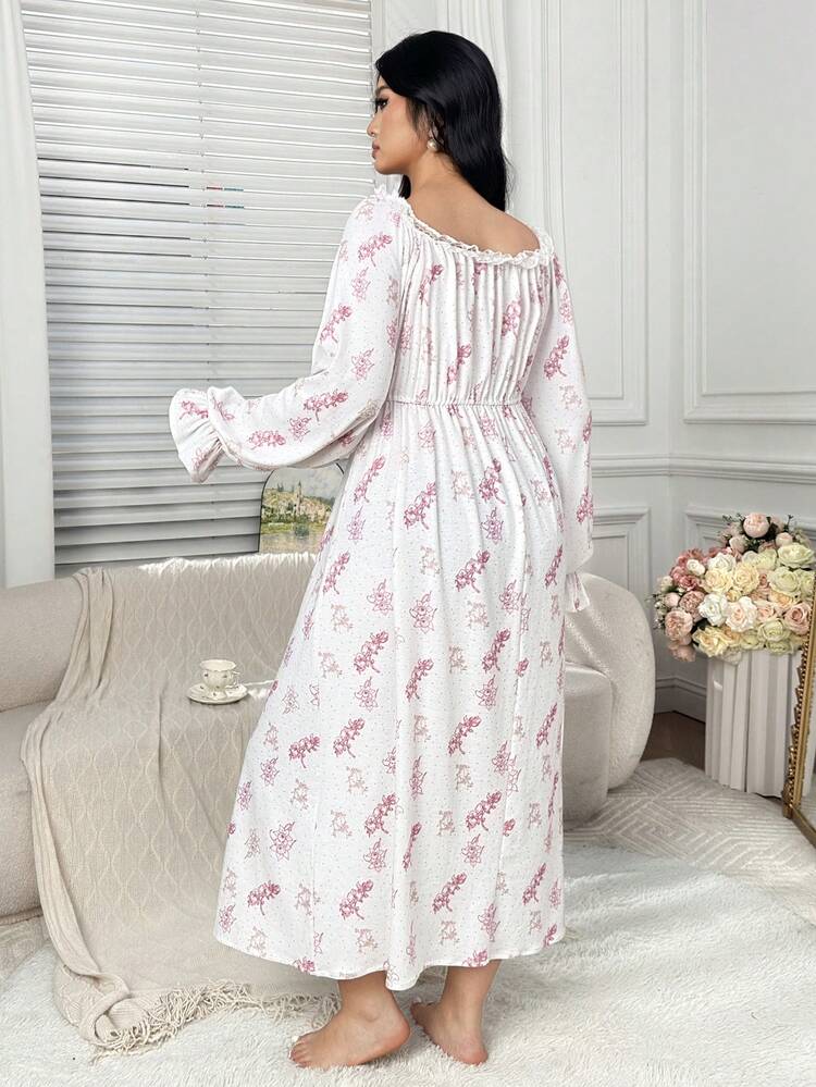 Dazy Plus Floral Contrast Lace Elastic Fitted Long Flare Sleeve Nightgown, Spring/Autumn