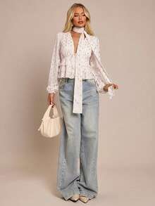 Glamine Charm Blusa casual da donna in stile francese con motivo a foglie metallizzate, orlo con volant staccabile, adatta per autunno/inverno - Rosa Baby - Visualizzare 3