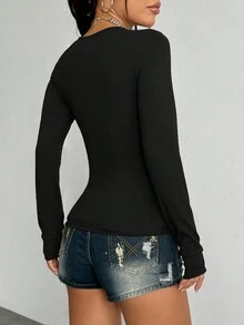 Jeanoix Women's Casual Solid Color Twist Knot V-Neck Long Sleeve T-Shirt - Black - View 2