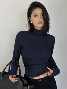 DAZY 女士露背紧身高领长袖T恤 Y2k - 藏蓝色 - 查看 2