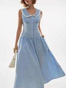 Poéselle 女士格子纽扣斑马纹彼得潘领无袖可爱长裙 - 彩色 - 查看 4