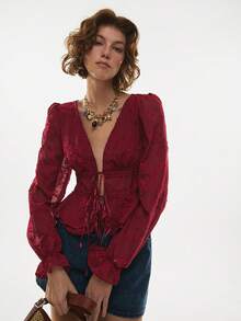 Poéselle 女士纯色深V领扭结前襟长袖上衣 - 玫瑰紅 - 查看 6