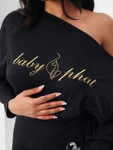 宽松露肩长袖上衣，金色字母Logo，休闲秋冬舒适款 - 黑色 - 查看 4