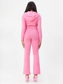 BABYPHAT Ribbed Knit Flare Leg Pants High Waisted Wide Leg Trousers With Script Print Detail Casual Comfortable Loungewear Bottoms - Hot Pink - View 6