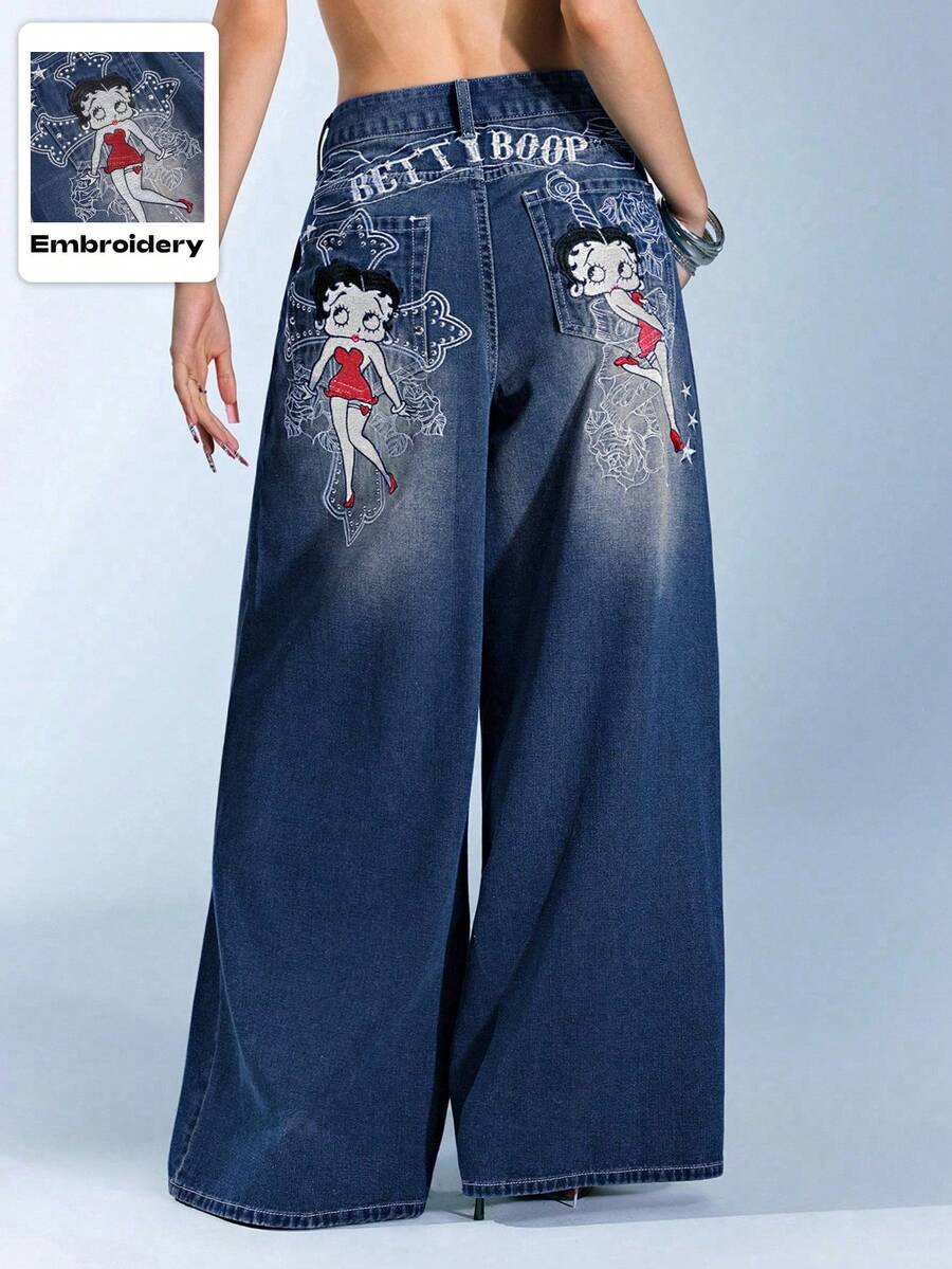 Betty Boop | ROMWE 哥特十字架和藤蔓玫瑰图案刺绣做旧水洗超大直筒加长Y2K牛仔裤 - 深色水洗藍 - 查看 1