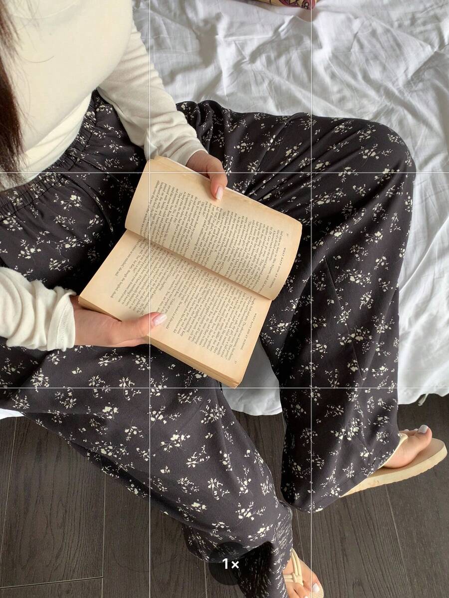 Dazy Plus 碎花图案松紧腰抽绳宽松直筒睡裤 - 黑色 - 查看 1