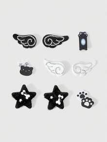 ROMWE Kawaii 9 Random Cute Handmade Wing Hairpins, Black And White Plush Rhinestone Hairpin Combination, Lolita Multi-Piece Hair Accessories Set Combination. - Black and White - View 1