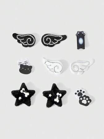 Kawaii 9 fermagli per capelli fatti a mano con ali casuali e carini, combinazione di fermagli per capelli in peluche bianco e nero con strass, set di accessori per capelli Lolita multipezzo.