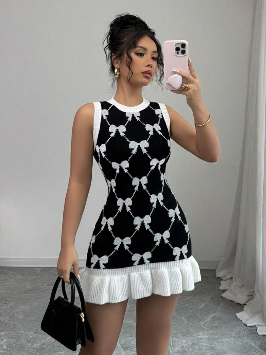 Elenzga Unique Design Sleeveless Bowknot Ruffle Hem Women Knit Dress - Multicolor - View 1