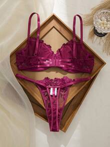 2pcs Mesh Embroidery Women's Lingerie Set - Red Violet - View 2