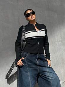 POPSWAY Áo khoác cardigan dệt kim ngắn tay dài, ôm sát, phối màu tương phản, kiểu dáng đường phố, dành cho nữ cỡ lớn, thích hợp cho mùa Thu/Đông/Xuân. - Đen và trắng - Xem 4