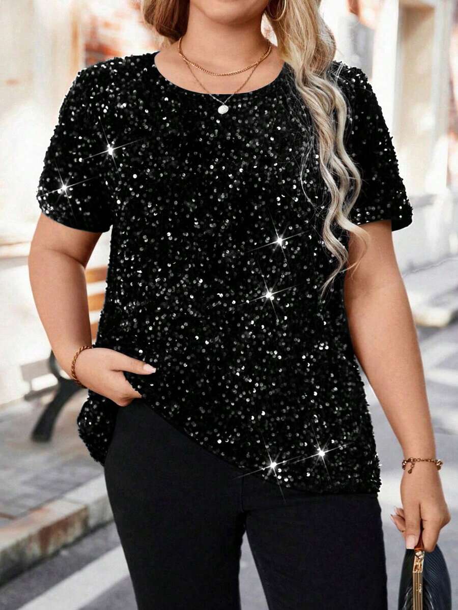 EMERY ROSE Women's Fitted Round Neck Short Sleeve T-Shirt With Digital Placement Print - Black - View 1