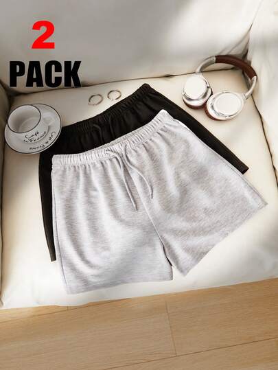 SHEIN 2件套少女弹力腰休闲卫衣短裤套装，舒适时尚，适合春夏街头穿着