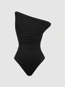 Sweetra Macacão Casual Assimétrico de Ombro Sólido Plus Size, com Decoração de Metal e Babado, Macacão Ajustado - Preto - Visão 2