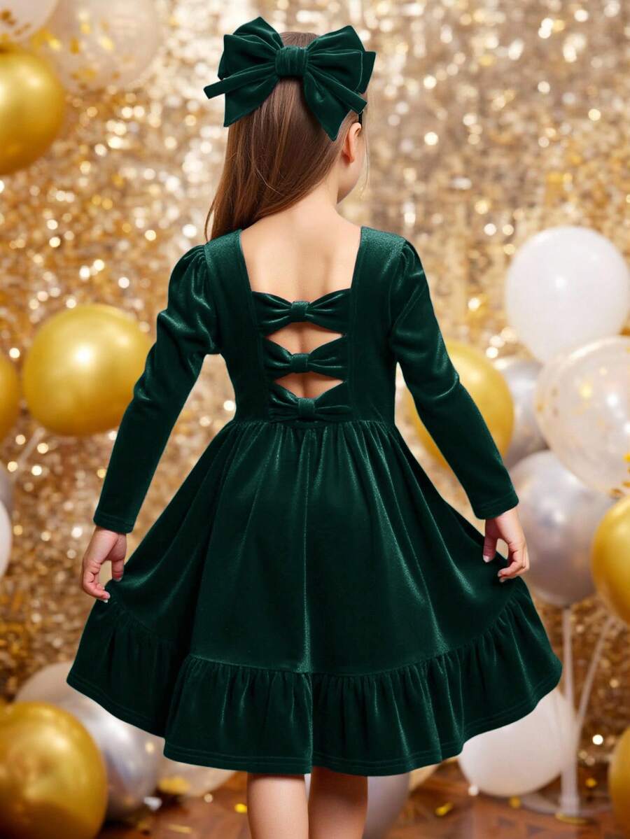 SHEIN Đầm bé gái tuổi teen dễ thương với nơ 3D trang trí phía sau, kiểu dáng đơn giản, thanh lịch, phù hợp cho mùa thu đông, Giáng sinh, dự tiệc, sinh nhật. - màu xanh lá - Xem 1