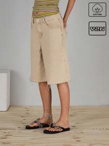 COUREZ 低腰中长牛仔短裤/女士夏季穿搭/夏季短裤/街头休闲/Y2K纯棉复古风 - 杏色 - 查看 1