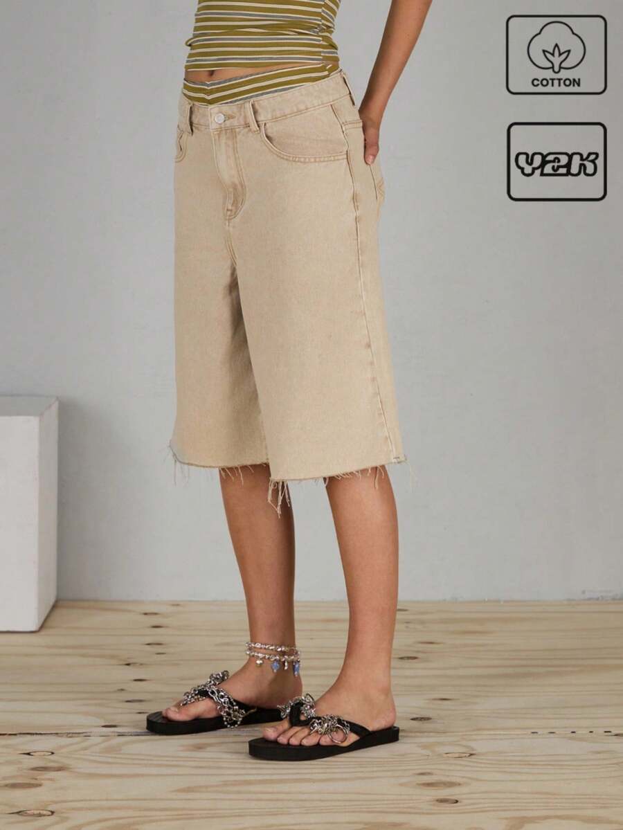 COUREZ 低腰中长牛仔短裤/女士夏季穿搭/夏季短裤/街头休闲/Y2K纯棉复古风 - 杏色 - 查看 1