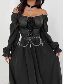 Coolane Women's Fall/Winter All-Season Y2K Goth Chic Rave Outfit Lace Stretchy Comfortable Halloween Outfits Long Sleeve Straps Waist-Cinched Black Midi Dress - Black - View 1