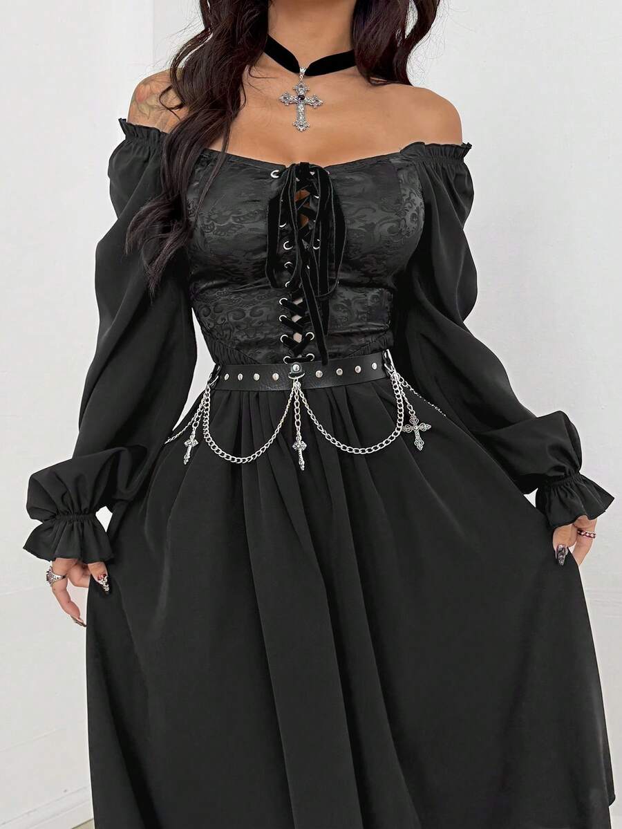 Coolane Women's Fall/Winter All-Season Y2K Goth Chic Rave Outfit Lace Stretchy Comfortable Halloween Outfits Long Sleeve Straps Waist-Cinched Black Midi Dress - Black - View 1